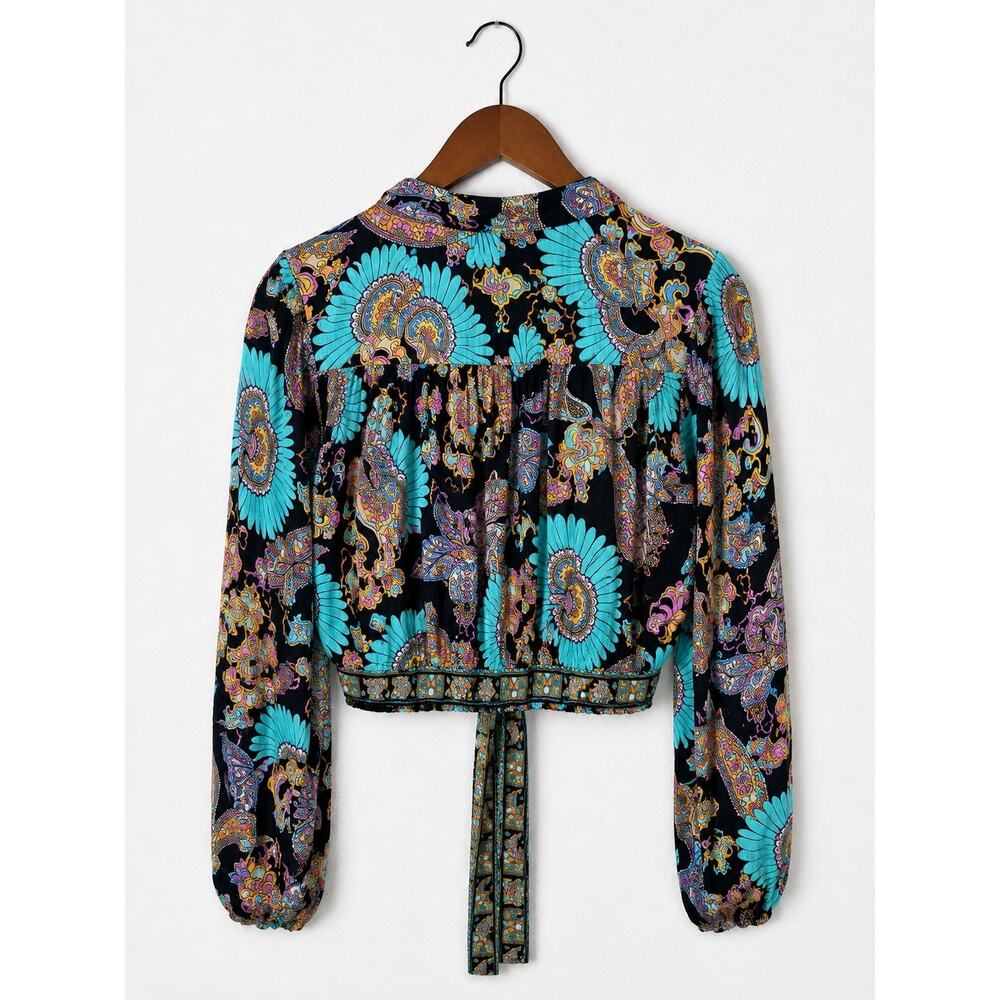 Haute Hippie S Boho Paisley Floral Tie Front Crop Blouse Long Sleeve Black View 5